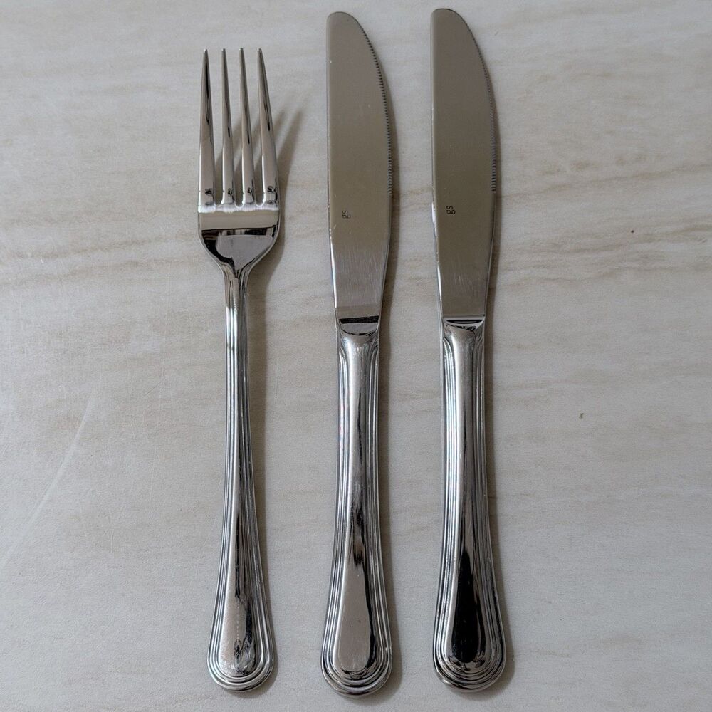 3pc Gourmet Settings Bistro Dinner Knives + Fork 18/10 Glossy Outlined Round Tip